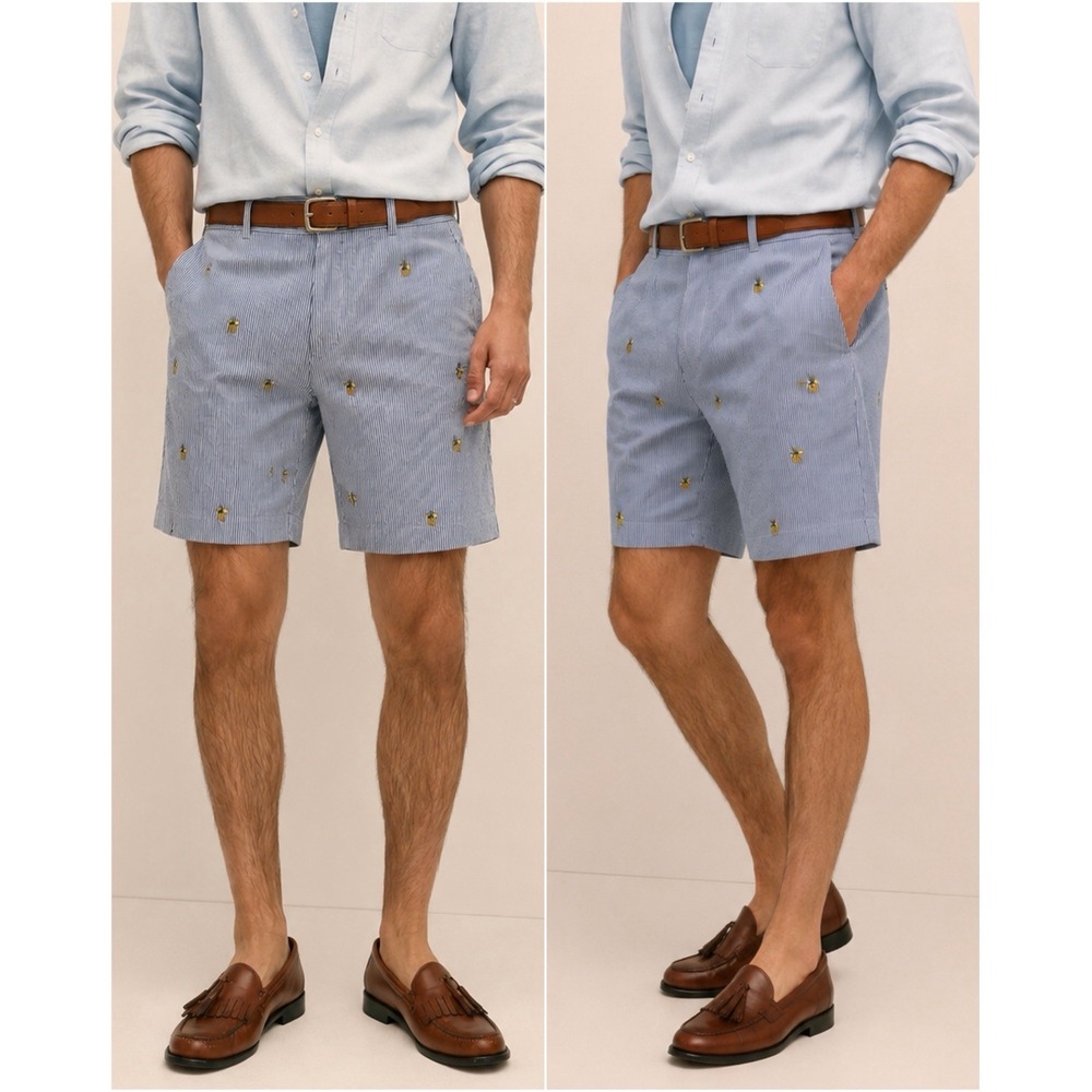 Brooks Brothers Seersucker Bermuda Shorts Men 40 Blue Stripe Pineapple 10"